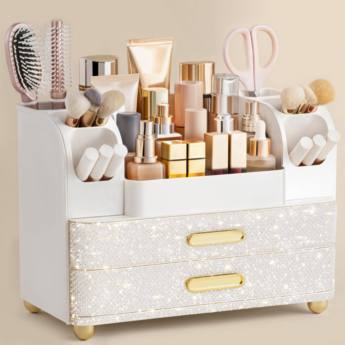 HBlife Makeup Organizer for Vanity with Brush Holder, Large Bathroom Countertop Cosmetic Organizer Skin Care Storage, Easy to Store Lipsticks, Nail Polishes, Perfumes, Eyeshadow Palettes, Beige