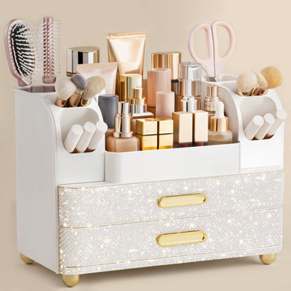 HBlife Makeup Organizer for Vanity with Brush Holder, Large Bathroom Countertop Cosmetic Organizer Skin Care Storage, Easy to Store Lipsticks, Nail Polishes, Perfumes, Eyeshadow Palettes, Beige