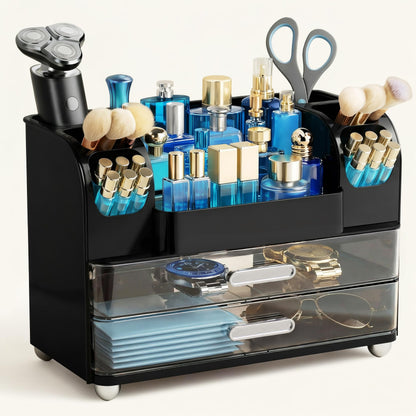 HBlife Makeup Organizer for Vanity with Brush Holder, Large Bathroom Countertop Cosmetic Organizer Skin Care Storage, Easy to Store Lipsticks, Nail Polishes, Perfumes, Eyeshadow Palettes, Beige
