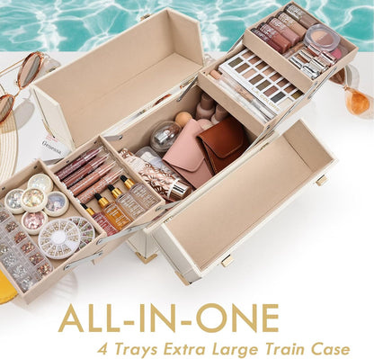 Joligrace Makeup Train Case Large Portable Cosmetic Makeup Storage Box Organizer Lockable with 4 Tray Compartments Retro Champagne Beige Vegan Leather