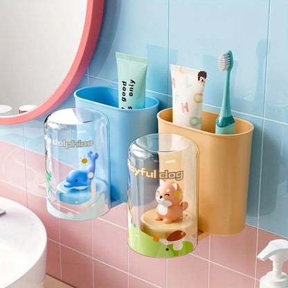 Wall-Mounted Dopamine Cartoon Pattern Toothbrush Holder with Rinse Cup Holder, Bathroom Dental Organizer Featuring Water Drainage Design for Clean Hygienic Storage