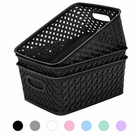 MaxGear Baskets for Organizing, 3 Pack Plastic Storage Baskets with Built-In Handles, Woven Organizer Bins for Pantry, Closet, Bathroom, Kitchen, Cabinet and Office