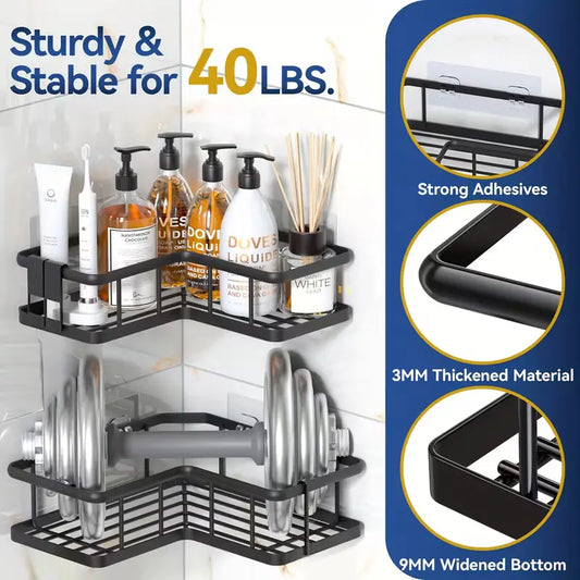 5-piece bathroom storage set, corner storage rack with hooks, wall mounted, no drilling required, easy installation, heavy-duty reinforced metal wire basket, high-quality matte anti-rust paint, suitable for bathrooms, kitchens, and laundry rooms.