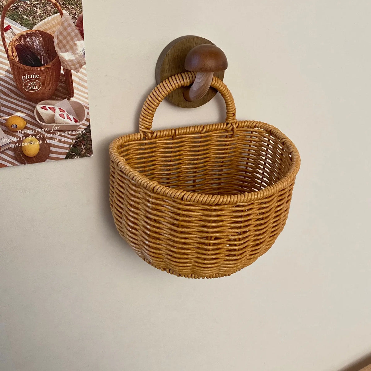 Wall-Mounted Woven Storage Basket with Adhesive Hooks, Ideal for Kitchen & Bathroom Organization, Small Hanging Basket for Cosmetics & Misc Items, Wall Hanging Baskets