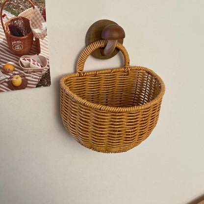 Wall-Mounted Woven Storage Basket with Adhesive Hooks, Ideal for Kitchen & Bathroom Organization, Small Hanging Basket for Cosmetics & Misc Items, Wall Hanging Baskets