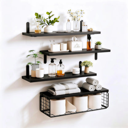 4-Tier Floating Wall-Mounted Shelves with Wire Storage Basket, Home Organizer Rack for Bathroom, Kitchen, Farmhouse Decor