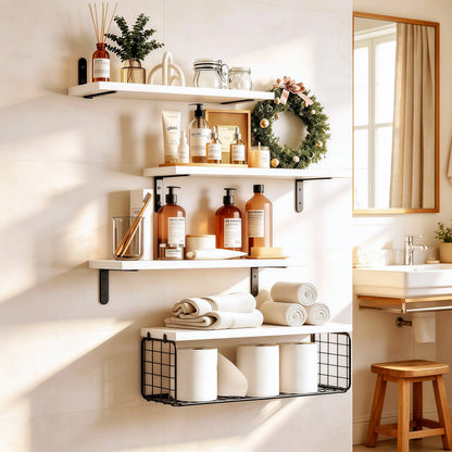 4-Tier Floating Wall-Mounted Shelves with Wire Storage Basket, Home Organizer Rack for Bathroom, Kitchen, Farmhouse Decor