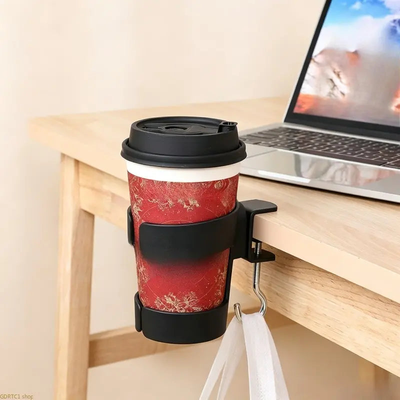 Desk Side Cup Holder with Hook, Clamp-on Adjustable Drink Holder, Desktop Mount Beverage Mug Rack for Office Table Coffee Water Cup Storage