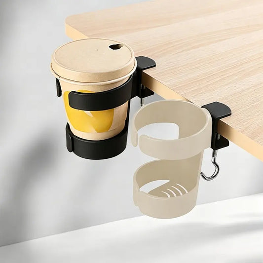 Desk Side Cup Holder with Hook, Clamp-on Adjustable Drink Holder, Desktop Mount Beverage Mug Rack for Office Table Coffee Water Cup Storage