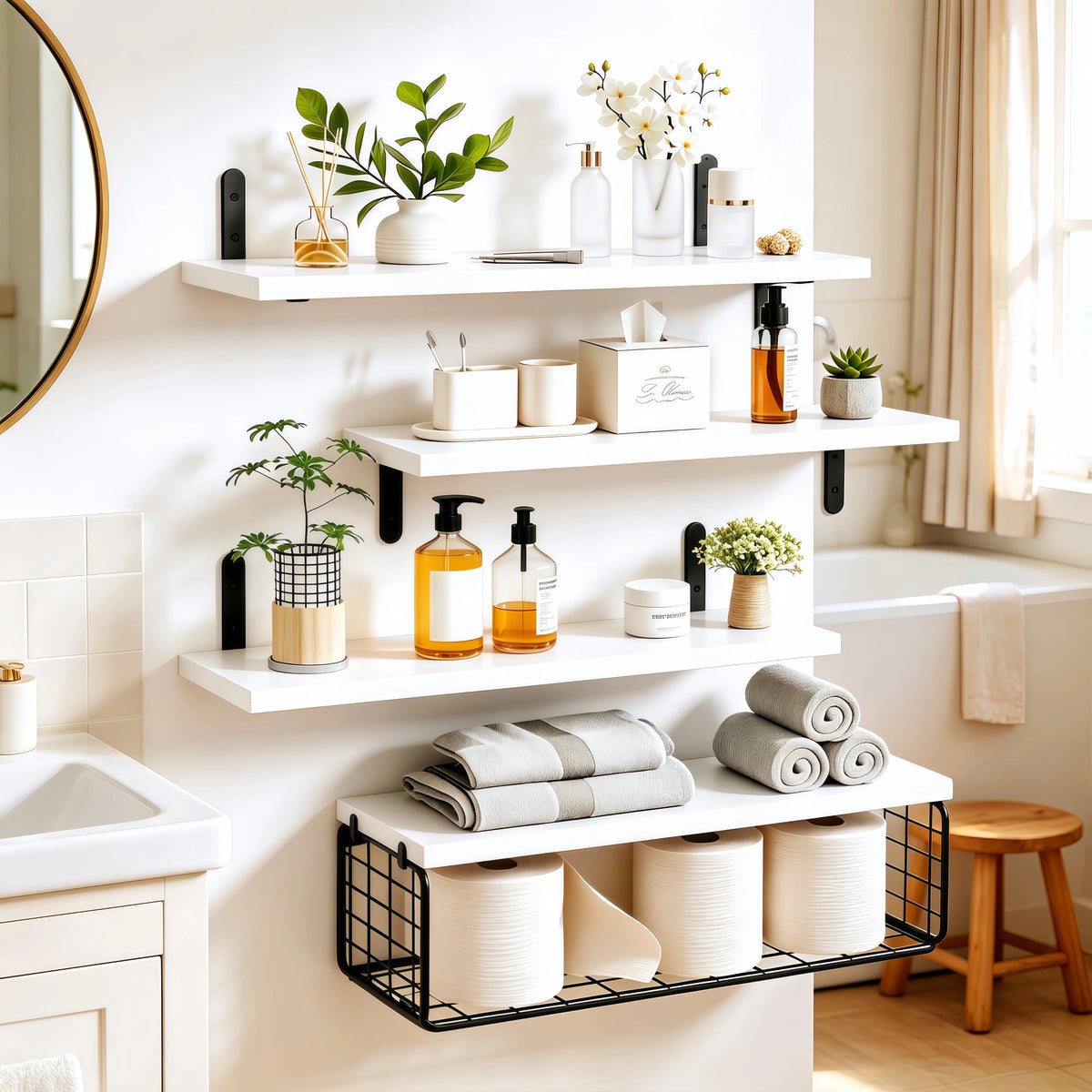 4-Tier Floating Wall-Mounted Shelves with Wire Storage Basket, Home Organizer Rack for Bathroom, Kitchen, Farmhouse Decor