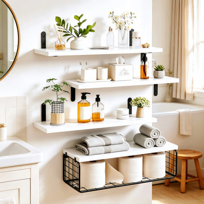 4-Tier Floating Wall-Mounted Shelves with Wire Storage Basket, Home Organizer Rack for Bathroom, Kitchen, Farmhouse Decor