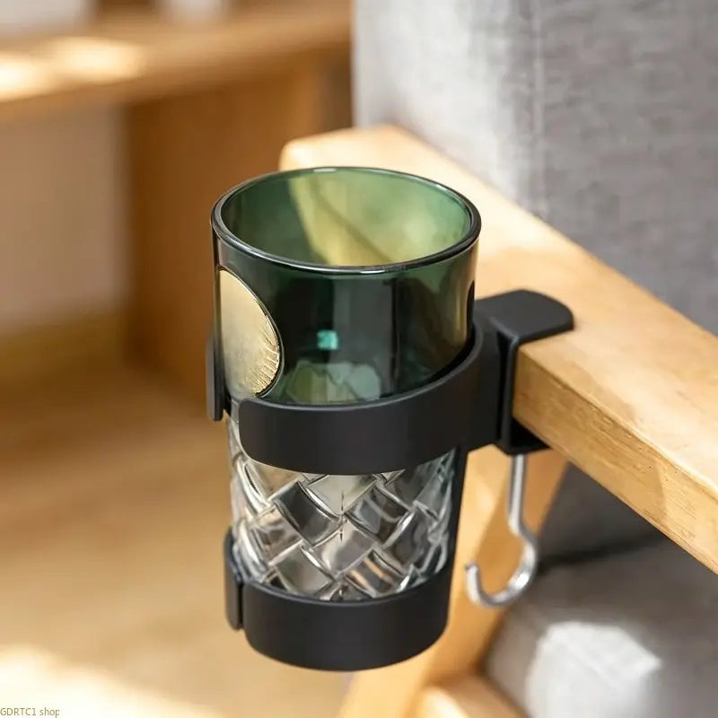 Desk Side Cup Holder with Hook, Clamp-on Adjustable Drink Holder, Desktop Mount Beverage Mug Rack for Office Table Coffee Water Cup Storage