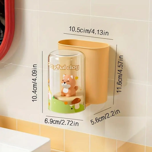 Wall-Mounted Dopamine Cartoon Pattern Toothbrush Holder with Rinse Cup Holder, Bathroom Dental Organizer Featuring Water Drainage Design for Clean Hygienic Storage
