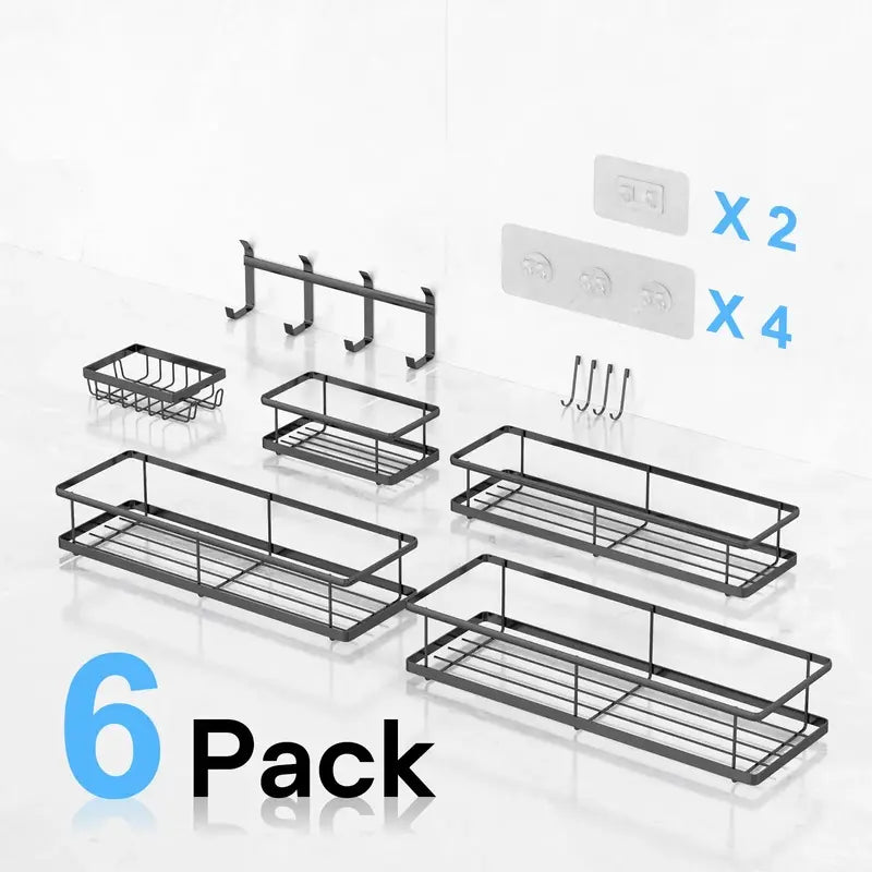 6-Pack Adhesive Bathroom Organizer Shelves, Rustproof Stainless Steel Shower Caddy with Hooks & Soap Dish, No Drilling Wall Mounted Storage Baskets for Bathroom, Kitchen & Toilet, Black