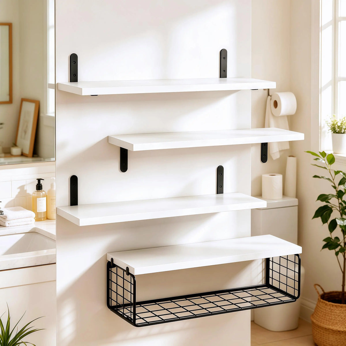 4-Tier Floating Wall-Mounted Shelves with Wire Storage Basket, Home Organizer Rack for Bathroom, Kitchen, Farmhouse Decor