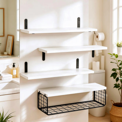 4-Tier Floating Wall-Mounted Shelves with Wire Storage Basket, Home Organizer Rack for Bathroom, Kitchen, Farmhouse Decor