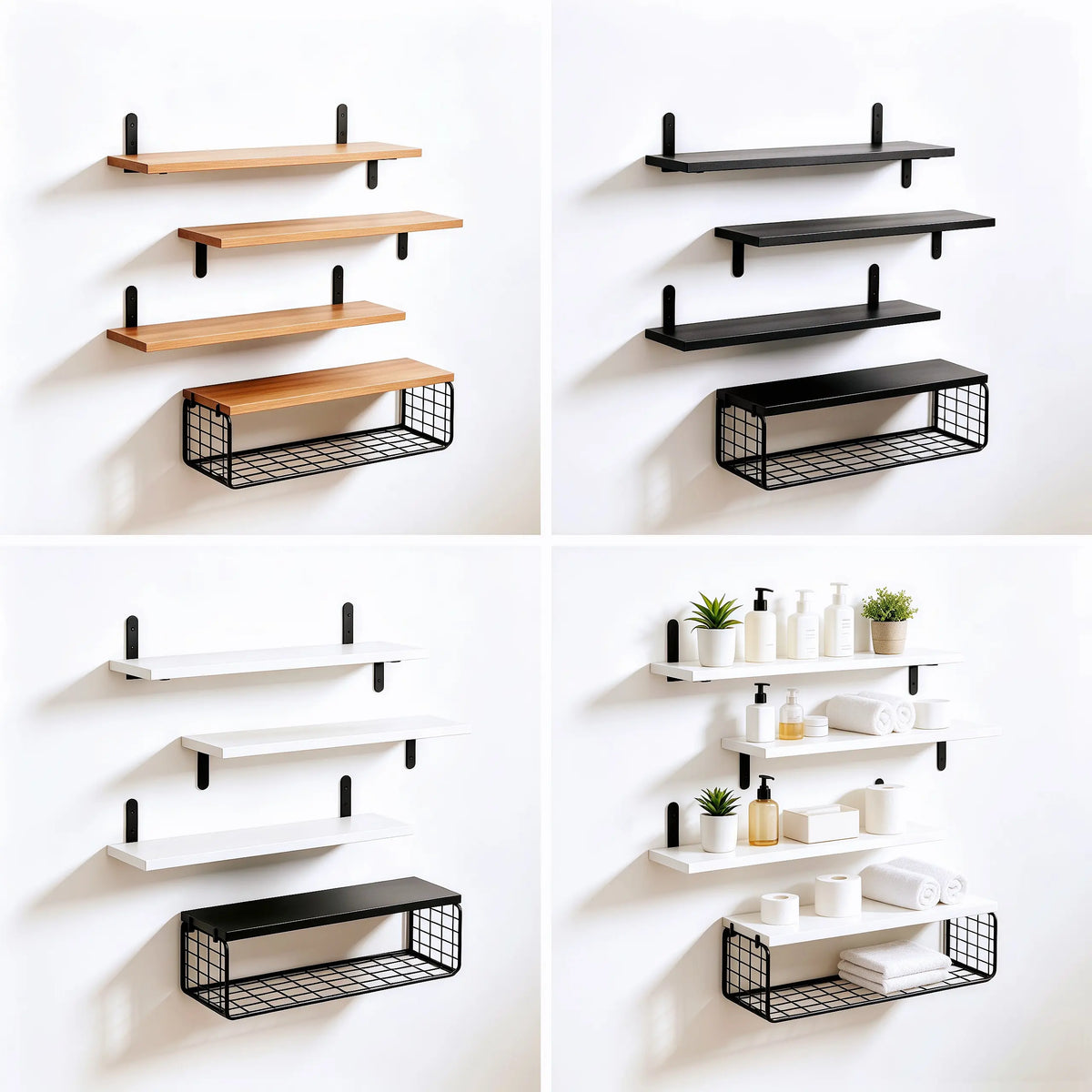 4-Tier Floating Wall-Mounted Shelves with Wire Storage Basket, Home Organizer Rack for Bathroom, Kitchen, Farmhouse Decor