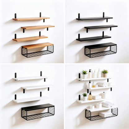4-Tier Floating Wall-Mounted Shelves with Wire Storage Basket, Home Organizer Rack for Bathroom, Kitchen, Farmhouse Decor