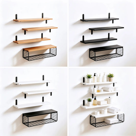 4-Tier Floating Wall-Mounted Shelves with Wire Storage Basket, Home Organizer Rack for Bathroom, Kitchen, Farmhouse Decor