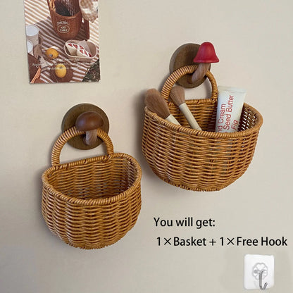 Wall-Mounted Woven Storage Basket with Adhesive Hooks, Ideal for Kitchen & Bathroom Organization, Small Hanging Basket for Cosmetics & Misc Items, Wall Hanging Baskets