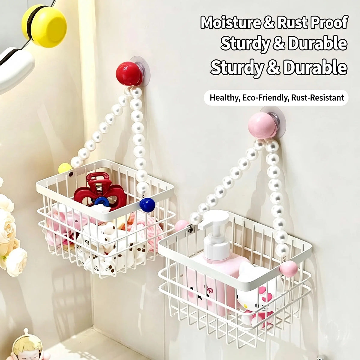Drill‑Free Pearl Hanging Storage Basket, Wall‑Mount Suction Cup Organizer, Bathroom Vanity Makeup Storage Rack, Rust‑Proof Hollow Hanging Basket for Shower & Bedroom