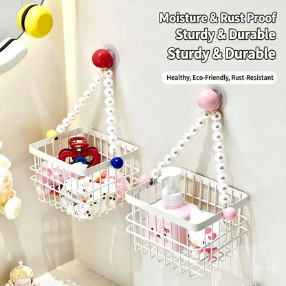 Drill‑Free Pearl Hanging Storage Basket, Wall‑Mount Suction Cup Organizer, Bathroom Vanity Makeup Storage Rack, Rust‑Proof Hollow Hanging Basket for Shower & Bedroom