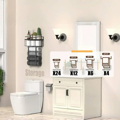 Aetyord Bathroom Organizer Towel Racks for Bathroom, Metal Towel Rack with Storage Basket,Wall Towel Rack for Rolled Towels, Towel Storage for Small Bathroom（black，short）