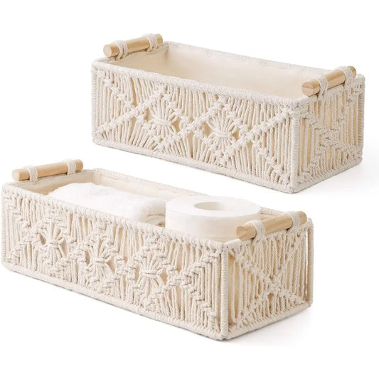 1pc Hand-Woven Ivory Macrame Storage Basket - 1-Piece Boho Home Organizer, Bathroom Toilet Paper Holder, Coastal Decor for Shelf or Vanity Cabinet, One-Piece