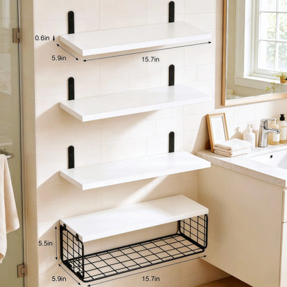 4-Tier Floating Wall-Mounted Shelves with Wire Storage Basket, Home Organizer Rack for Bathroom, Kitchen, Farmhouse Decor