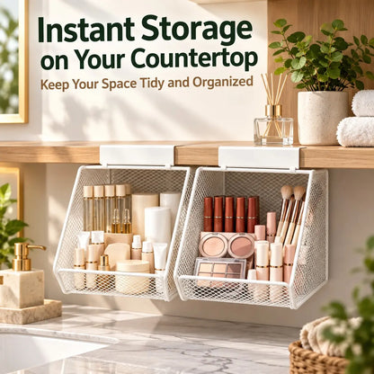 Hanging Storage Basket Under Shelf, No-Drill Metal Mesh Organizer, Space-Saving Open Front Storage Rack for Bathroom Vanity, Kitchen Cabinet, Makeup & Skincare Organization
