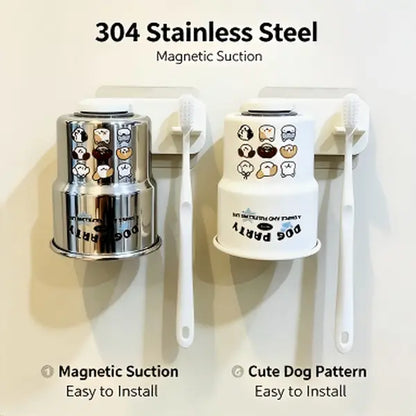 Wall Mounted Magnetic Toothbrush Cup Holder, Stainless Steel Bathroom Organizer with Reversible Rinse Cup, Drill-Free Toothbrush Rack
