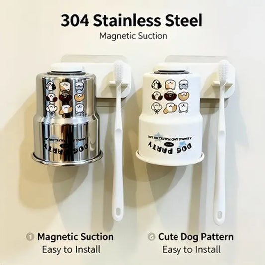 Wall Mounted Magnetic Toothbrush Cup Holder, Stainless Steel Bathroom Organizer with Reversible Rinse Cup, Drill-Free Toothbrush Rack