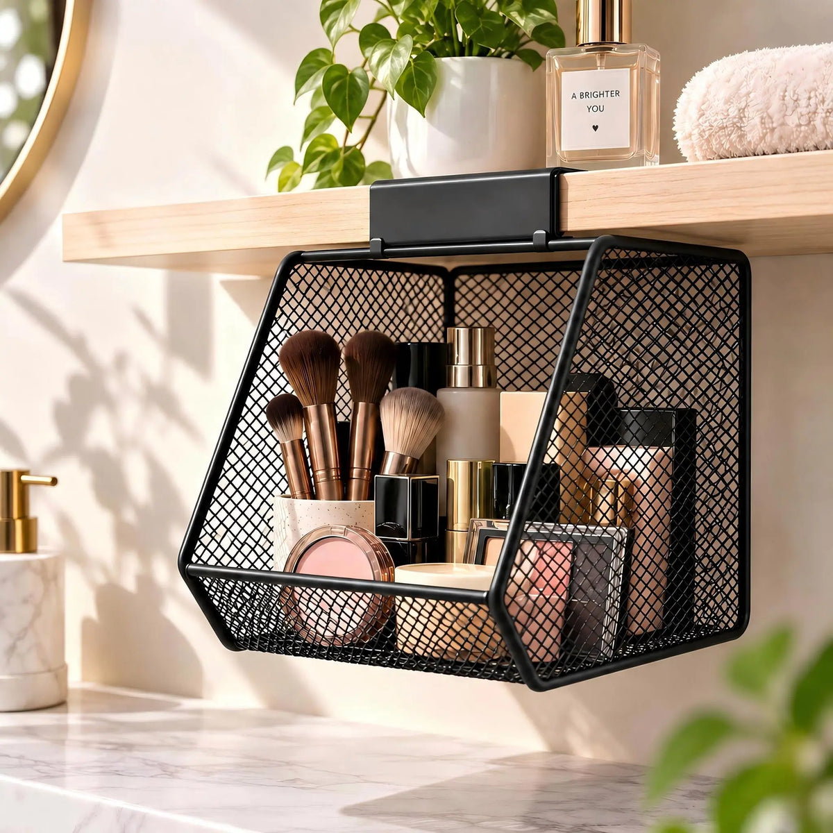 Hanging Storage Basket Under Shelf, No-Drill Metal Mesh Organizer, Space-Saving Open Front Storage Rack for Bathroom Vanity, Kitchen Cabinet, Makeup & Skincare Organization