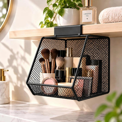 Hanging Storage Basket Under Shelf, No-Drill Metal Mesh Organizer, Space-Saving Open Front Storage Rack for Bathroom Vanity, Kitchen Cabinet, Makeup & Skincare Organization