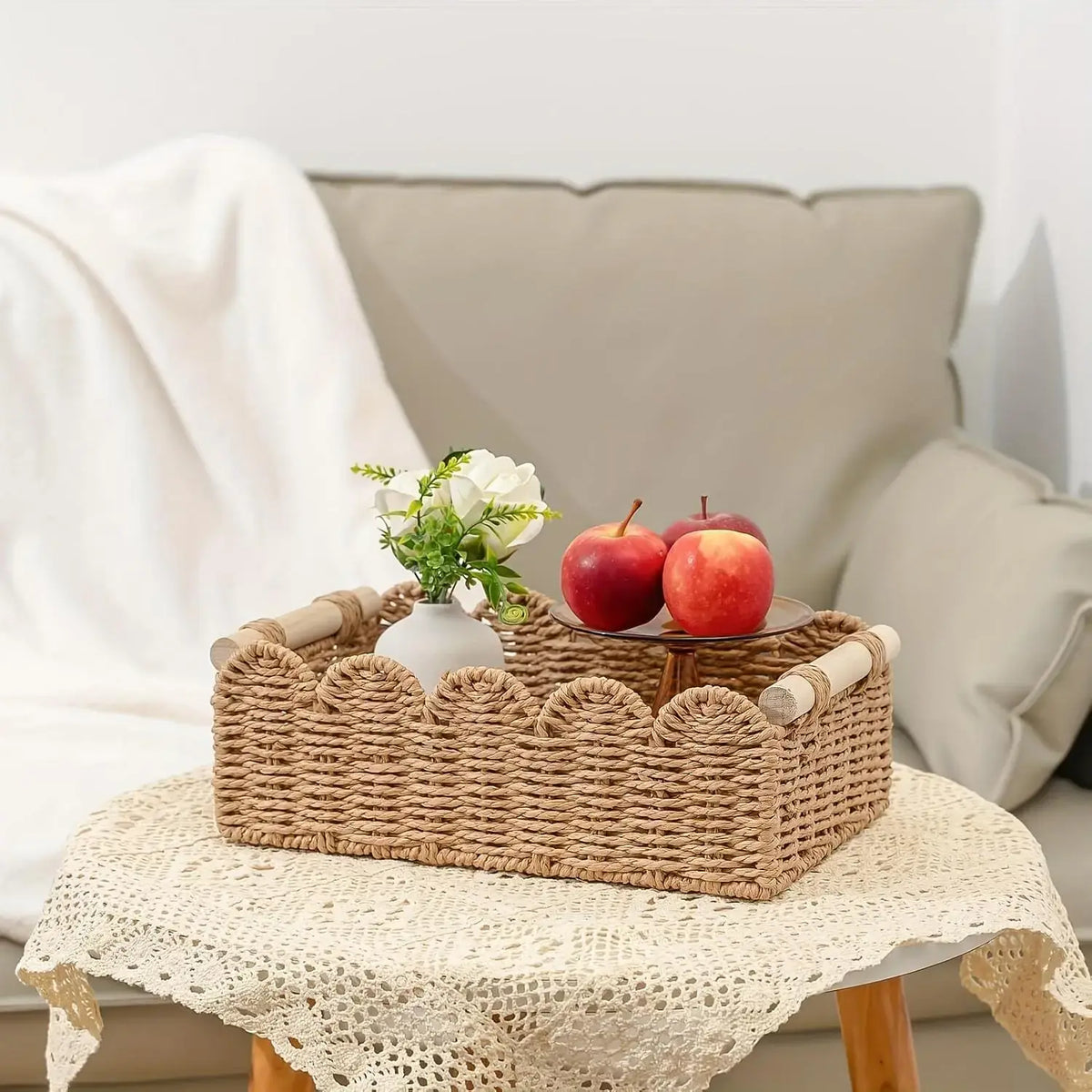 Natural Woven Storage Basket Tray Toilet Tank Topper Bathroom Organizer with Fan Edge Design for Vanity, Countertop, Bedroom, Living Room, Entryway, Farmhouse, Boho & Rustic Home Decor