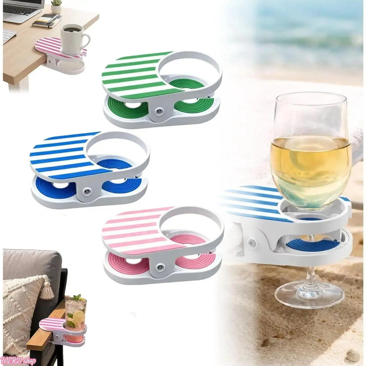 [WER21]Clip‑On Stripe Drink Holder, Portable Adjustable Cup Holder - Secure Your Beverage Anywhere, Indoor Outdoor Universal Drink Organizer for Pool Balcony Chair Desk Beach Lounge