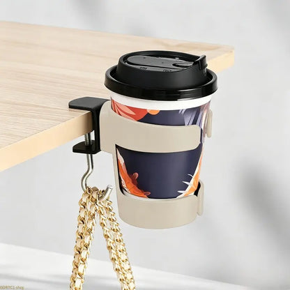 Desk Side Cup Holder with Hook, Clamp-on Adjustable Drink Holder, Desktop Mount Beverage Mug Rack for Office Table Coffee Water Cup Storage