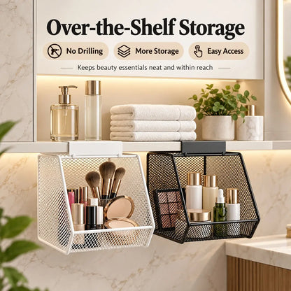 Hanging Storage Basket Under Shelf, No-Drill Metal Mesh Organizer, Space-Saving Open Front Storage Rack for Bathroom Vanity, Kitchen Cabinet, Makeup & Skincare Organization