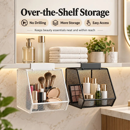 Hanging Storage Basket Under Shelf, No-Drill Metal Mesh Organizer, Space-Saving Open Front Storage Rack for Bathroom Vanity, Kitchen Cabinet, Makeup & Skincare Organization