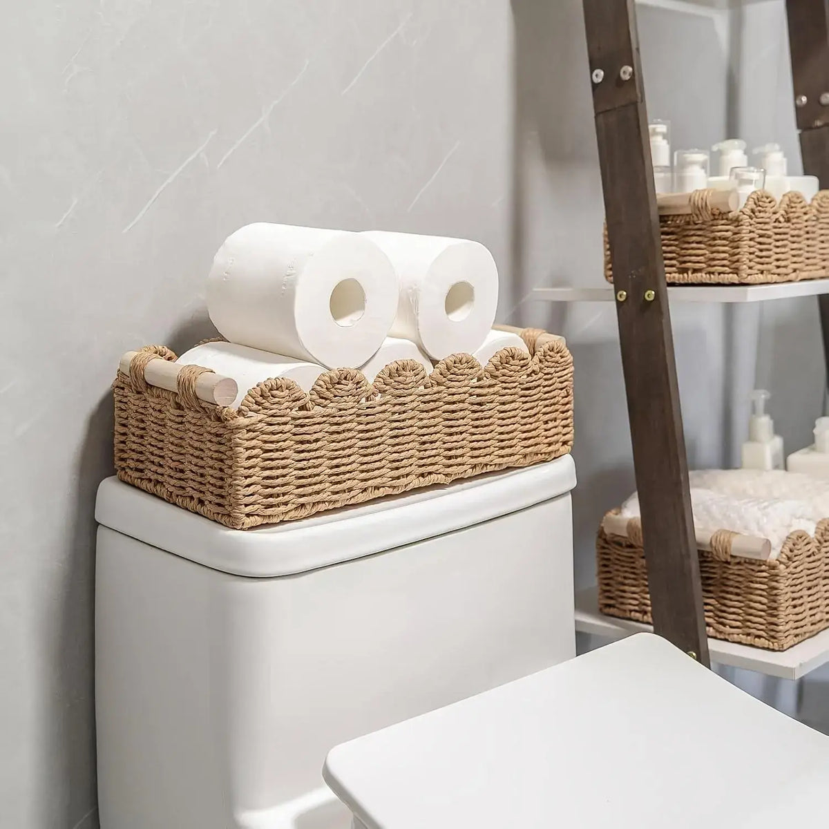 Natural Woven Storage Basket Tray Toilet Tank Topper Bathroom Organizer with Fan Edge Design for Vanity, Countertop, Bedroom, Living Room, Entryway, Farmhouse, Boho & Rustic Home Decor