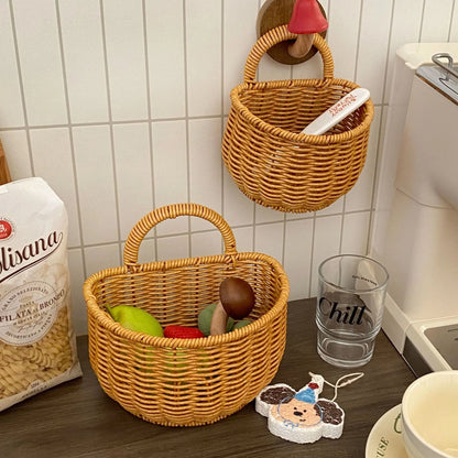 Wall-Mounted Woven Storage Basket with Adhesive Hooks, Ideal for Kitchen & Bathroom Organization, Small Hanging Basket for Cosmetics & Misc Items, Wall Hanging Baskets