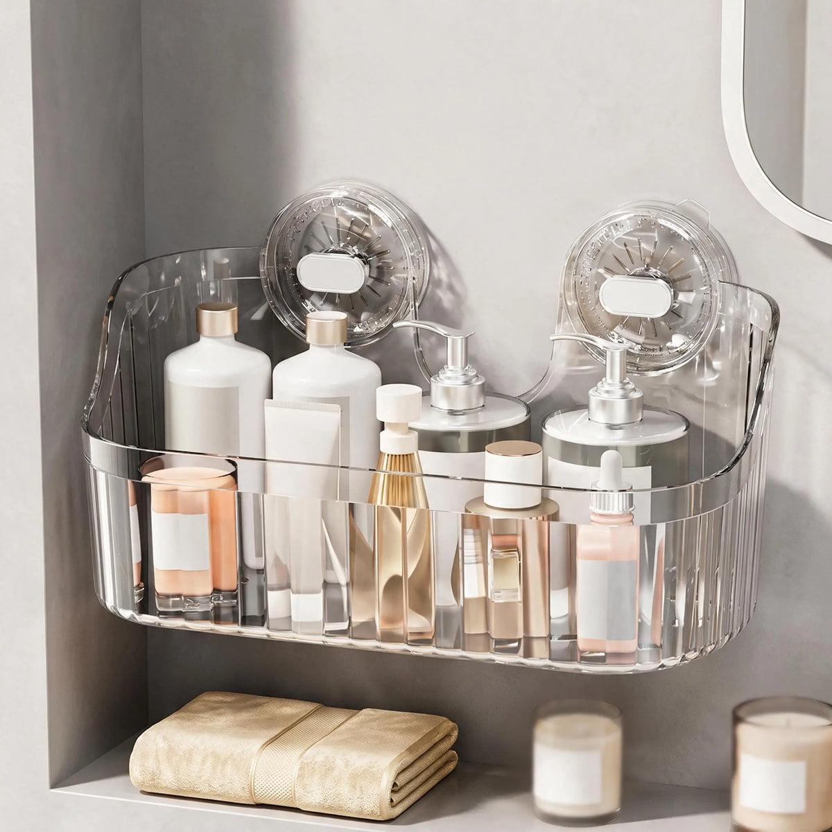【Homedecor】Clear Suction Cup Bathroom Storage Basket, No-Drill Wall-Mounted Shower Caddy for Toiletries and Cosmetics on Smooth Glass Surfaces