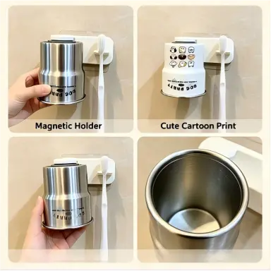 Wall Mounted Magnetic Toothbrush Cup Holder, Stainless Steel Bathroom Organizer with Reversible Rinse Cup, Drill-Free Toothbrush Rack